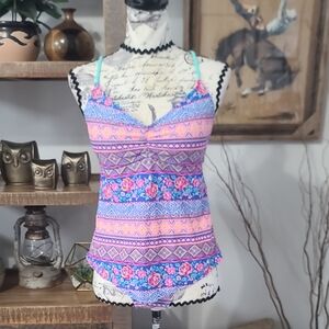 Malibu Tankini Strp Top With Bikini Bottom Pink and Blue Floral
